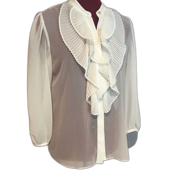 White House Black Market Sheer Cream Ruffle Blouse Women Size Small Pearl Button - Picture 3 of 10